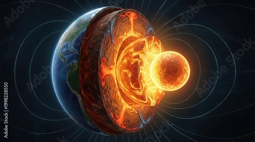 Earth planet cross section displaying internal structure, vibrant glowing inner core, fluid outer core, dense solid mantle, rigid thin crust, active tectonic plate, geosphere layer.