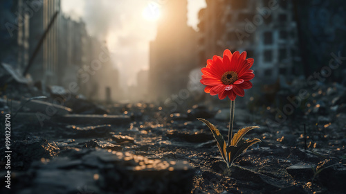 Red flower growing amidst rubble and destruction in a war torn city