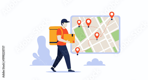 delivery man with scooter holding box on mobile phone background. Fast food delivery service in cartoon design concept vector illustration.
