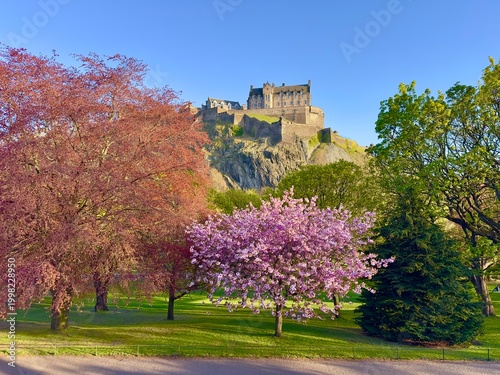 A colourful springtime view of Edinburgh Castle above Princes Street Gardens under a clear blue sky, Edinburgh, Scotland. 