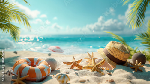 beach scene with straw hat starfish and orange life preserver on sandy shore