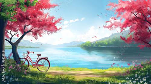 Scenic landscape painting with red bicycle by a lake and blooming trees