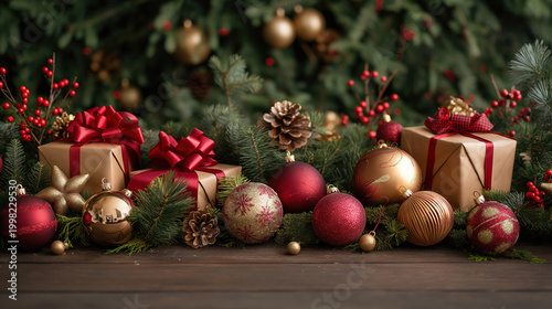 Christmas ornaments and gifts with pine branches on a wooden surface high-quality