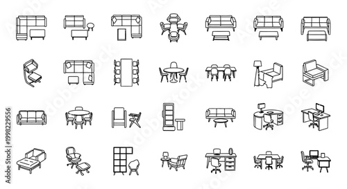Collection of Architectural Furniture CAD Blocks including Sofa and Couch, Dining Tables, and Office Desks for 2D CAD Floor Plans, Interior Design, and Technical