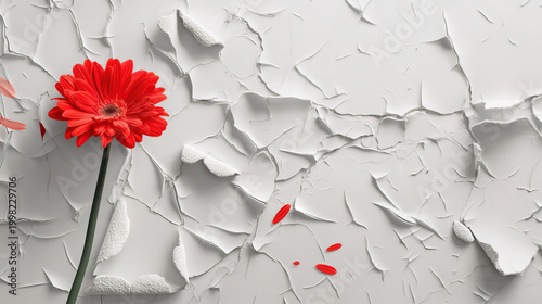Red gerbera flower growing from a cracked white wall textured background high-quality