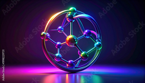 Spherical molecular model with a metallic ring and glowing colorful atoms in a dark setting