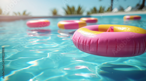 Colorful inflatable pool floats resting on clear blue water in a swimming pool