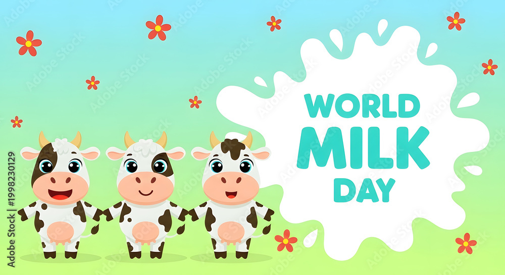 Fototapeta premium World milk day celebration with cartoon cows and milk splash