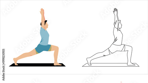 Man practicing yoga warrior 1 pose on mat, illustration and line art