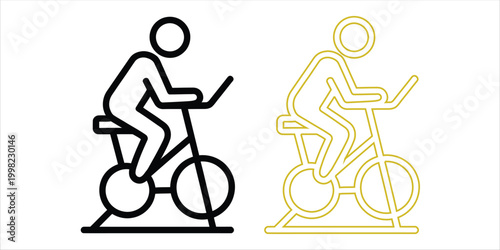 Simple Icon of Person Cycling on Stationary Bike, Black and Yellow Outline