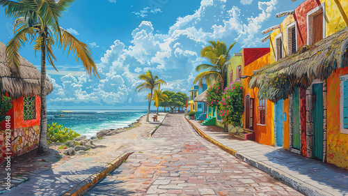 colorful caribbean street scene with palm trees and ocean view cozumel mexico