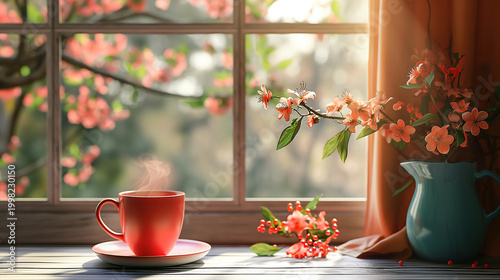 Red mug of coffee on windowsill with blooming spring branches and sunlight