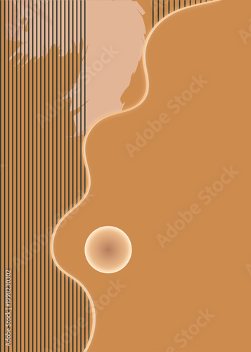 Modern abstract background with earthy orange tones, vertical stripes, a flowing wavy divider, and a glowing gradient circle design.
