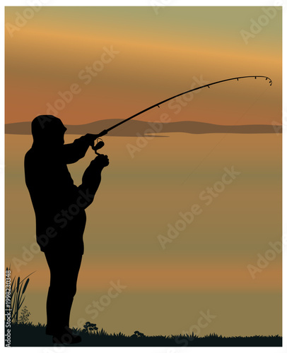 Man fishing from a lake coast, silhouettes. Vector illustration	

