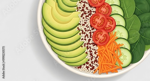 Colorful Veggie Bowl Sliced Avocado Cucumber Tomato Carrot Quinoa Leaves