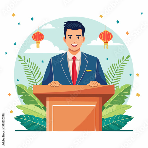 Man in Suit Speaking at Podium with Lanterns and Confetti