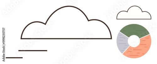 Cloud computing, data analysis, information storage, business strategy, technology, online systems. Minimal cloud icon next to a pie chart. Cloud computing and data analysis visualization concept