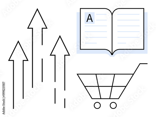 Business development, learning tools, e-commerce strategies, online retail growth, market analysis, success. Arrows, an open book and a cart form a conceptual illustration. Business development