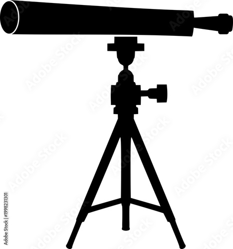 Black Telescope Silhouette on Tripod Icon - Minimalist Astronomy, Space Exploration, and Visionary Discovery Vector Illustration Isolated