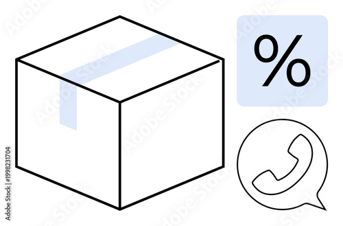 E-commerce, customer service, logistics, packaging, discounts, retail. A shipping box, discount percentage and phone icon. E-commerce and customer service concept