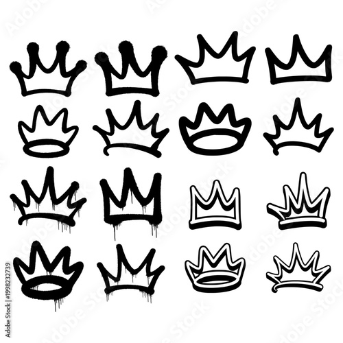 Big bundle of sixteen individual crown symbols featuring a mix of clean lines and gritty spray paint drips. This street art hand style set provides diverse options for urban royal branding.