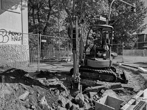 Rome, Italy - October 11, 2025, detail of an earthmoving machine for road and urban redevelopment work, built with a Bobcat.