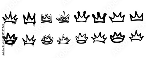 A massive urban collection of sixteen unique king crown icons on a single canvas. Each royal symbol is crafted in a raw hand style graffiti tag with various spray paint textures and colors.