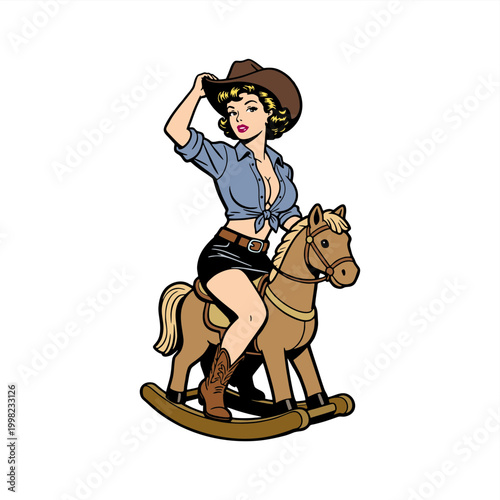 retro pin-up girl as cowboy riding toy horse illustration vector