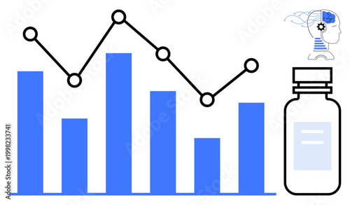 Data trends, scientific research, AI technology, health analysis, pharmaceutical studies, innovation. Bar chart with line graph, AI brain illustration and medicine bottle. Data trends and scientific