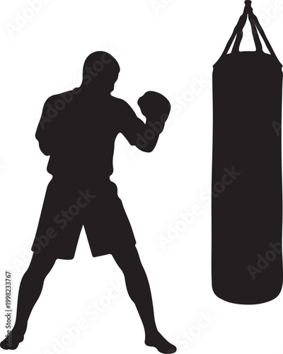 Silhouette of a boxer punching a heavy bag in a dynamic pose