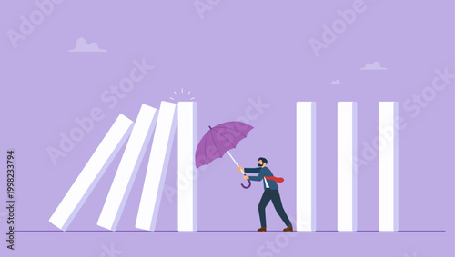 Businessman stop domino effect or investment crisis. Protect risk in investment crisis, failure prevention, stop domino effect, protection or solution to solve problem, stop uncertainty or insurance.