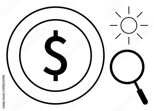 Finance concept. Dollar sign with a magnifying glass market research and financial growth. Bright sun outline adds of opportunity and innovation. For banking, investment, fintech, economy, analysis