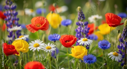 Vibrant wildflower meadow with colorful summer flowers, blooming field of red poppies and blue lupines, floral background for spring gardening