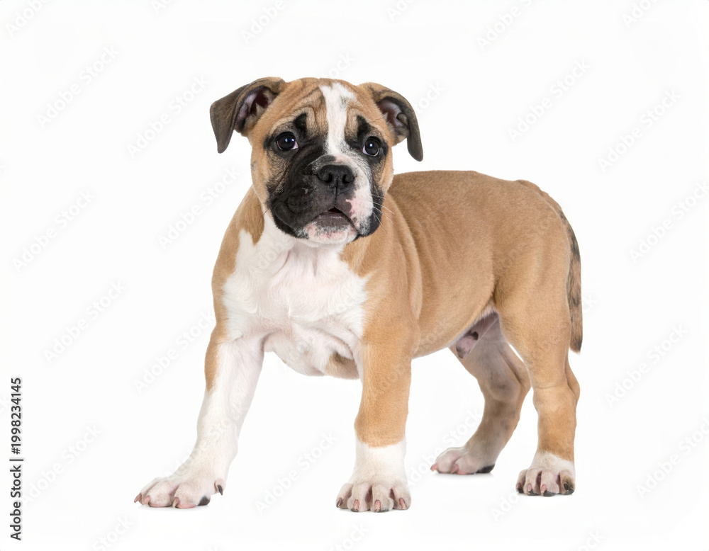 Fototapeta premium Happy puppy close view isolated on white background, cheerful young dog, cute pet portrait