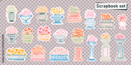 Scrapbook set with flowers and vases. Piedestals with antique classical bowls, pots, vases. Chic, elegant flower bouquete. Stickers, patches for hobby, card, gift, logo.