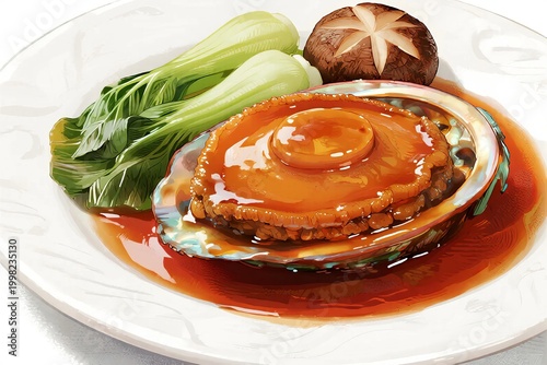 Gourmet braised abalone in savory brown sauce garnished with fresh baby bok choy and decorated mushroom