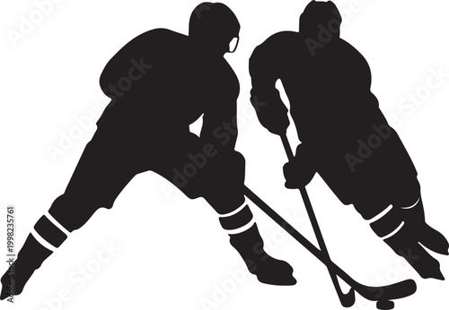 Hockey players silhouette intense face off action in black and white