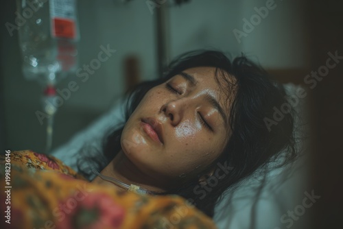 Young Woman Lying Down In Hospital Bed Receiving Intravenous Fluid Treatment