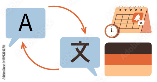 Language learning, localization, time management, productivity, international communication, scheduling. Visual shows speech bubbles, a calendar with reminders and translation. Language learning
