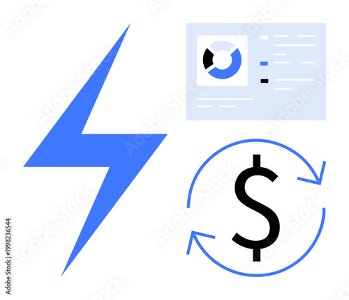 Energy concept. Energy symbol with financial data and analytics forms a cohesive of energy, economy, and technology flow. Energy efficiency, fintech apps, business tools, sustainability, global trade