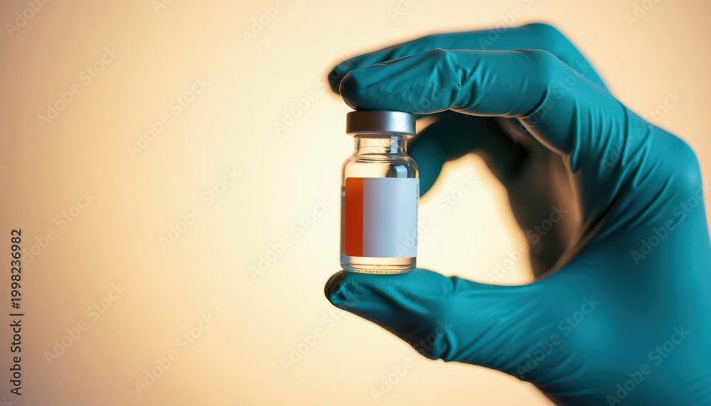 Naklejka premium Gloved hand holds small glass vial with liquid. Medical research and healthcare concept for drug development and science. Analysis and discovery in lab.