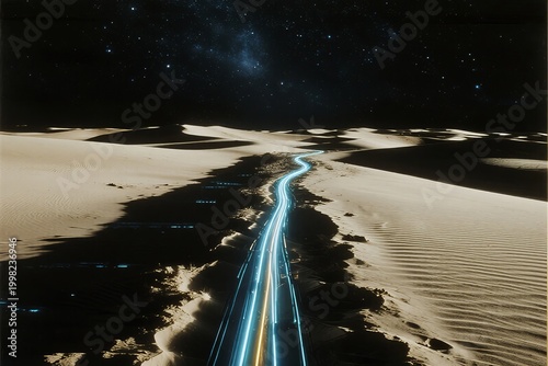 Futuristic dark desert landscape with a single paved road and glowing blue light trails under a starry milky way sky representing the journey to the future