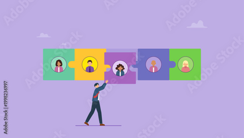 Businessman manager put a jigsaw puzzle to complete elements. Teamwork building, cooperation and partnership concept.