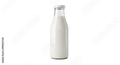 Minimalist glass milk bottle with white cap, fresh dairy product in transparent container, isolated milk bottle on white background
