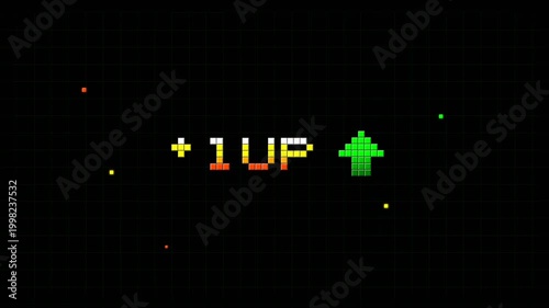 Retro 8-bit style plus one up message with pixelated green arrow on black grid background.