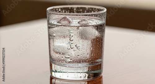 Chilled glass of water with ice cubes and condensation, refreshing cold beverage in a clear tumbler, pure mineral water for hydration and health