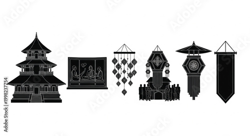 Sri Lankan Traditional Vesak Lanterns and Buddhist Cultural Elements Vector Illustration Set, Authentic Religious Festival Symbols, Pagoda Temple and Decorative Hanging Ornaments Silhouette Design.