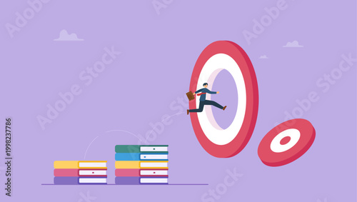 Successful businessman jump from stacks of books to reach the target. Business education is the way to the goal, staff training and specialization, knowledge support. New opportunities concept.
