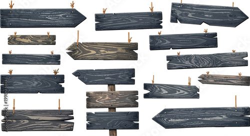 Vintage set of denim jeans textures arranged on an old brown wooden plank background with a grunge antique paper design