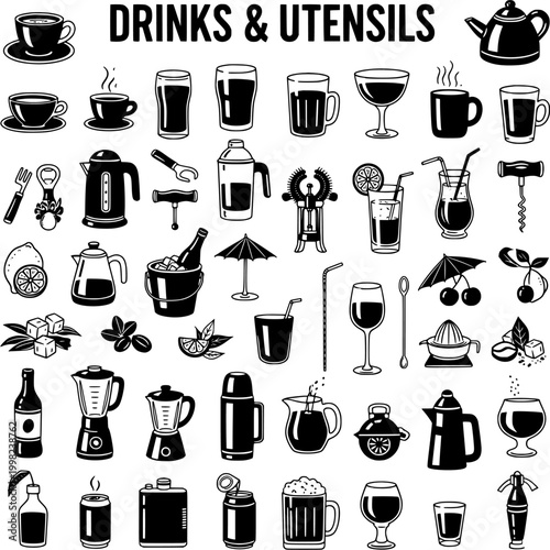 Drinks and Utensils: Vector Illustration of Various Drinkware and Bar Equipment for Culinary and Beverage Projects